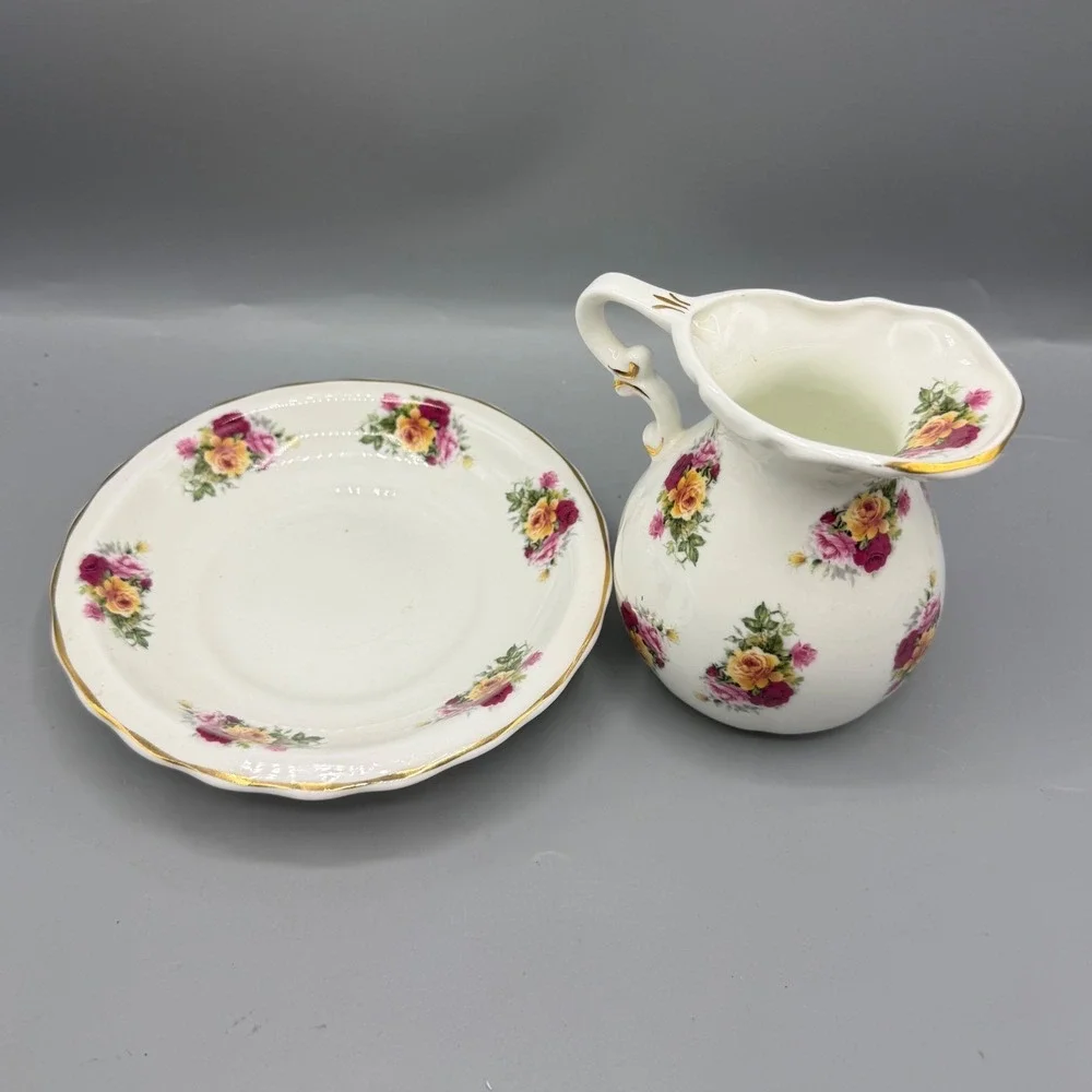 Raesuedic Ceramics Fine Bone China Floral Rose Creamer Pitcher Saucer England